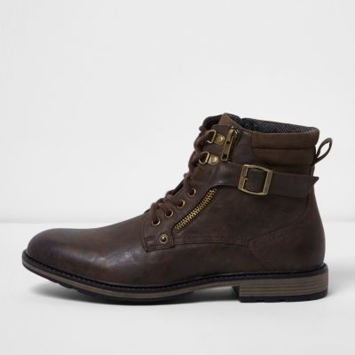 Dark brown buckle lace up boots